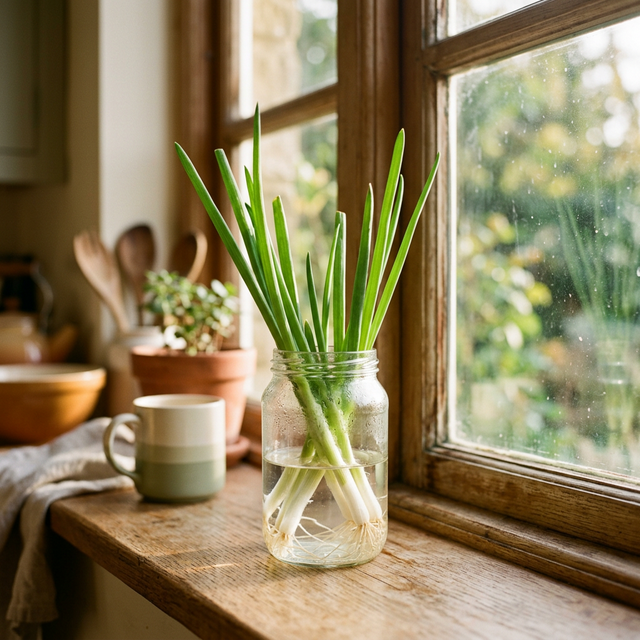 Green onions regrowing in a glass jar on a sunny windowsill